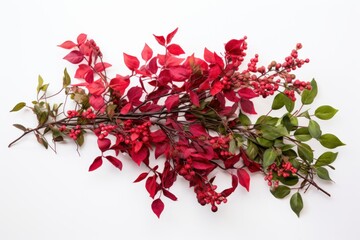  a bunch of red flowers sitting on top of a white table next to green leaves and a twig with red berries on it.