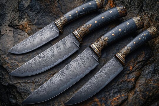 Knives made of Damascus steel on a wooden board