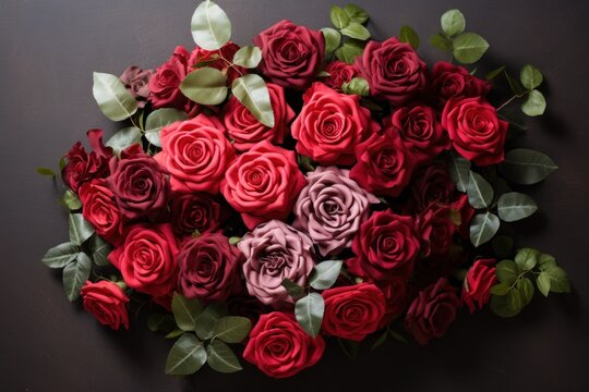  a bouquet of red and pink roses with green leaves on a dark background with space for a text or image.