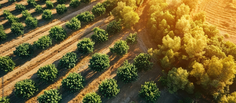 Poster Aerial view Even rows of fruit trees garden field Agricultural production concept Summer sunny day Apple pear trees. Copy space image. Place for adding text or design