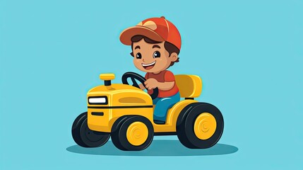 Fototapeta premium funny little farmer riding a tractor on a white background.