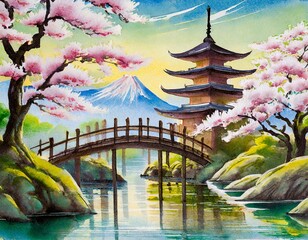 Japanese Cherry Blossoms with Bridge and Pagoda 