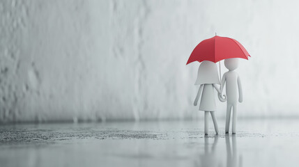 A couple of white stick figure is taking a walk while rain with a red umbrella. Generative AI