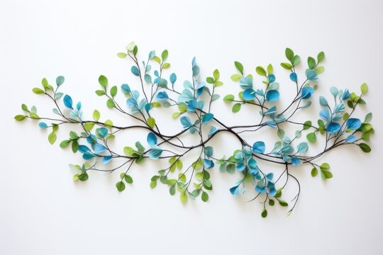  a branch with blue and green leaves on a white background with a shadow of leaves on the left side of the branch.
