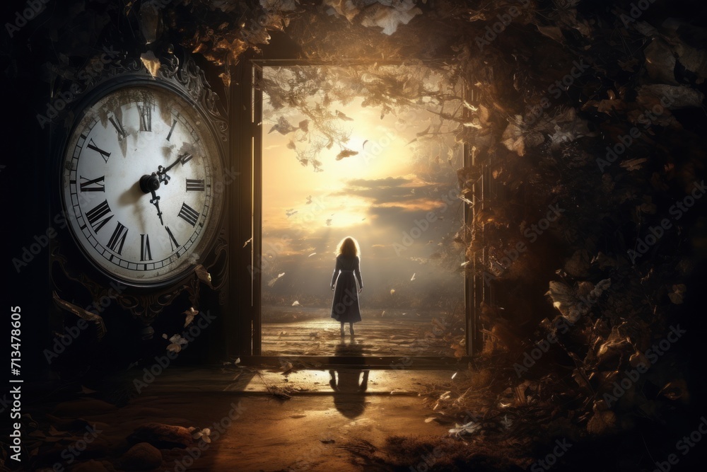 Poster a woman standing in front of an open door with a clock in front of her and a sunset in the backgroun