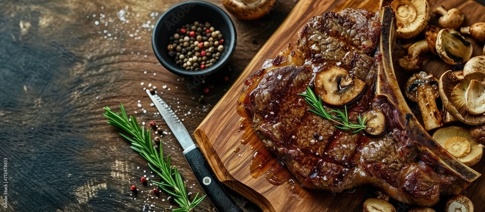 Poster Barbecue Tomahawk Steak with Mushrooms on Cutting Board. Copy space image. Place for adding text or design
