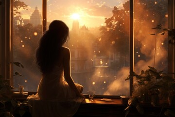  a woman sitting on a window sill in front of a window looking out at a cityscape at sunset.