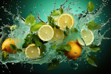 Fresh lemon and mint leaves with splash of water