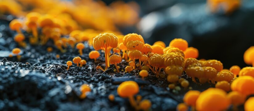 A yellow branched plasmodium of a Physarum slime mold or myxomycete is crawling and moving on a substrate Slime moulds are special organisms that gather from many microscopic unicellular amoeba