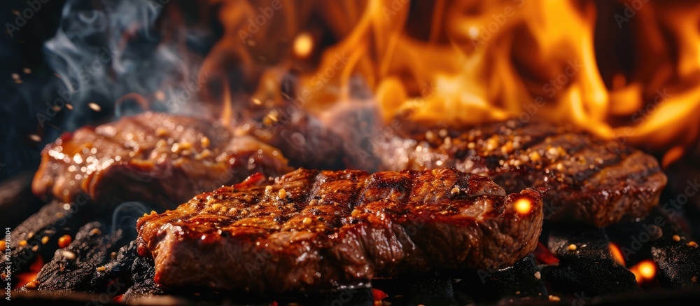 Poster Beef steaks sizzling on the grill with flames. Copy space image. Place for adding text or design