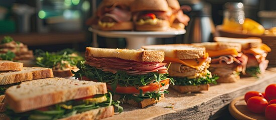 A selection of Sandwiches with various fillings at a buffet with text area. Copy space image. Place for adding text or design - obrazy, fototapety, plakaty