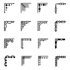 Black and white decoration corner design elements, hand drawn doodles line art and dots, vector illustration.