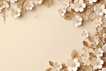 Fototapeta na wymiar Romantic beige background with space for text or image beige paper flowers on the right