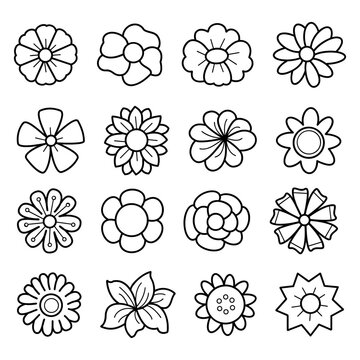 Collection of clean linear art flowers icons, variety of black and white floral elements, vector illustration.