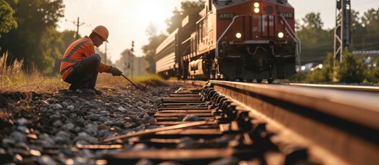 A worker in the process of a railroad track weld repair with a freight train passing. Copy space image. Place for adding text or design - obrazy, fototapety, plakaty