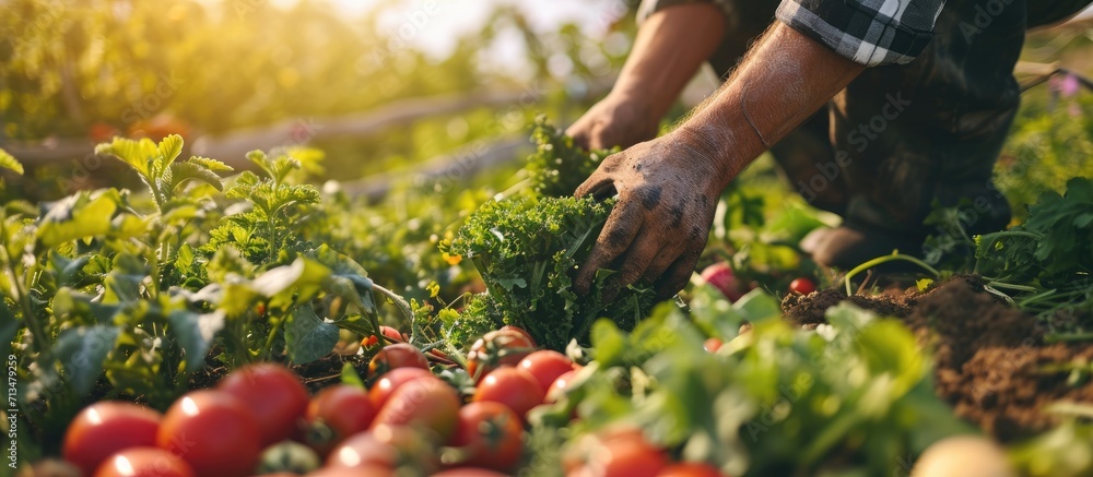 Aufkleber A man with a harvest of vegetables in the garden Selective focus Food. Copy space image. Place for adding text or design
