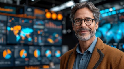 Fototapeta premium Confident businessman in control room with global data displays