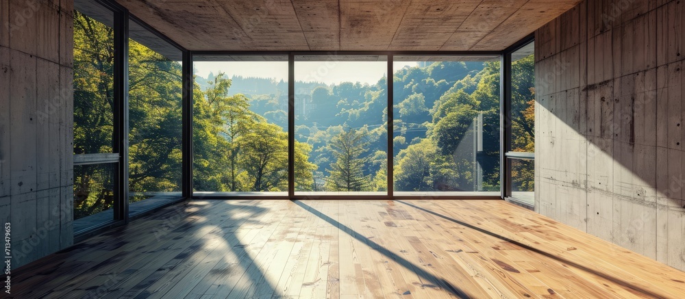 Aufkleber an empty room with wood flooring and two large windows in the photo is taken from inside looking out to outside. Copy space image. Place for adding text or design