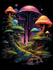 T-shirt design, a psychedelic, retro- futuristic landscape, featuring strange plants and towering mushrooms under a sky of swirling created with Generative Ai