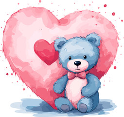 Watercolor illustration of a blue bear with a red heart for a Valentine's day card