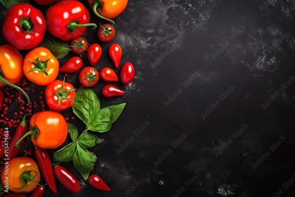 Poster a group of red and yellow peppers with green leaves on a black background with space for a text or i