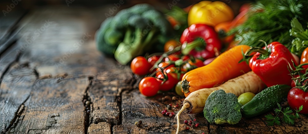 Poster abstract design background vegetables on a wooden background. Copy space image. Place for adding text or design
