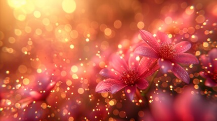 Fototapeta na wymiar Vibrant pink flowers with glittering bokeh lights background