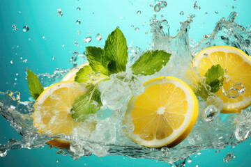 Splashing water with lemon and mint