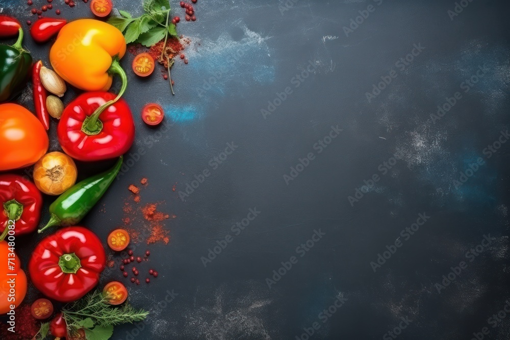 Poster  a bunch of different types of vegetables on a black background with space for a text or an image with space for text.