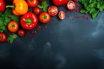  a group of tomatoes and basil on a dark background with space for a text or an image with space for text.