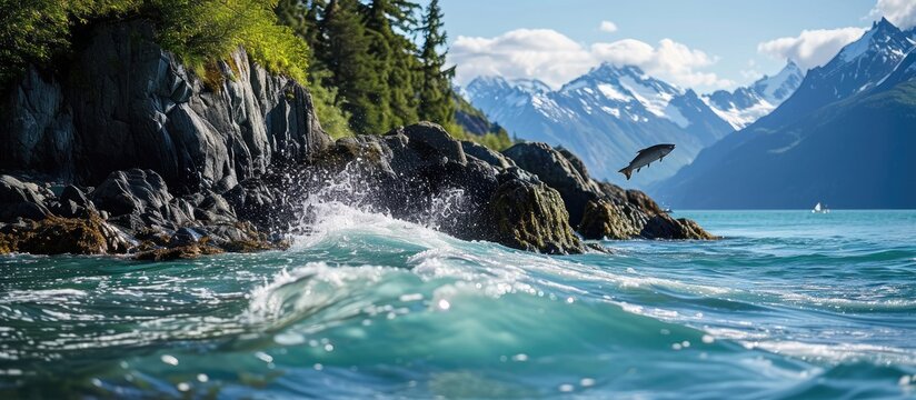 A pair of silver salmon leap from the waters of Resurrection Bay in Seward Alaska. Copy space image. Place for adding text or design