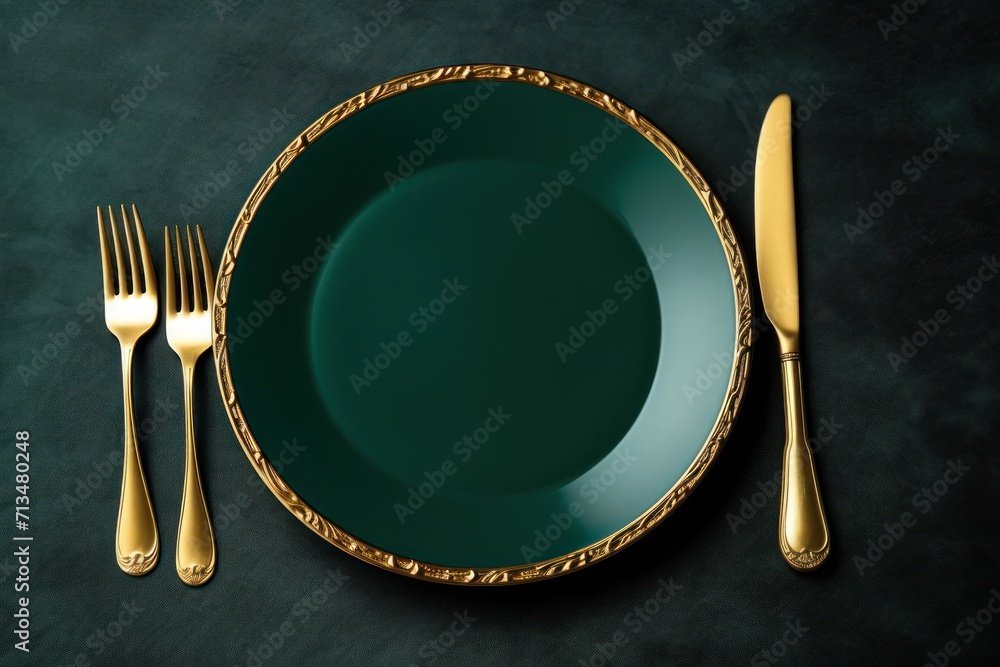 Aufkleber a close up of a plate with a fork and knife next to a plate with a knife and fork on it.