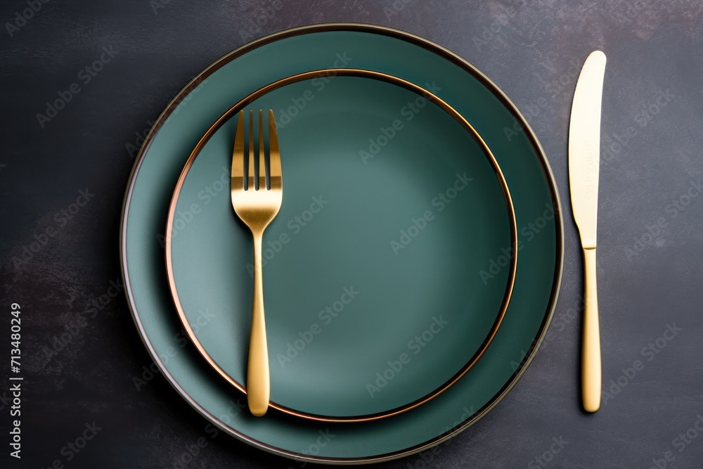 Poster a close up of a plate with a fork and knife next to a plate with a knife and fork on it.