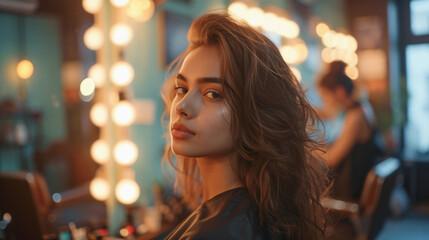 Portrait of young woman girl sitting on hair dresser salon, waiting to get a hair cut, 