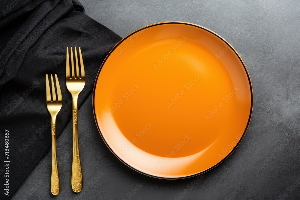 Poster a close up of a plate with a fork and a knife on a table with a napkin and a black cloth.