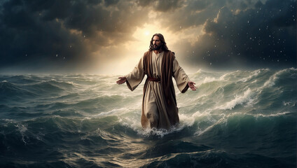 Jesus walks on water across the sea during a storm. Biblical theme concept - obrazy, fototapety, plakaty