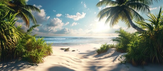 Beautiful tropical beach banner White sand and coco palms travel tourism wide panorama background concept Amazing beach landscape. Copy space image. Place for adding text or design - obrazy, fototapety, plakaty