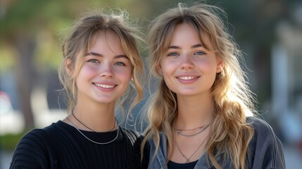 Portrait of twin sisters smiling together outdoors in casual wear - obrazy, fototapety, plakaty
