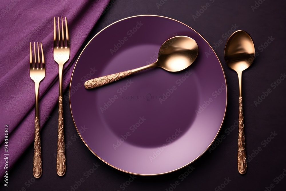 Poster a close up of a plate with two spoons and a plate with a knife and fork on a table.
