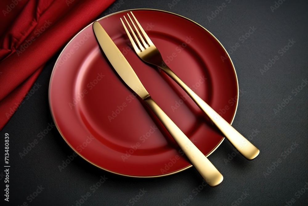 Poster a red plate with a gold fork and a red plate with a red napkin and a red satin table cloth.