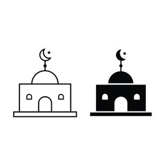 Islamic mosque Minaret and dome icon. Islamic template, stencil, pattern, black masjid, icon, isolated on white background. Vector sign, symbol for we