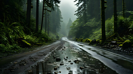 a road on a soggy spring day amid a hazy forest