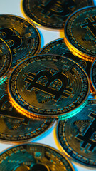 Physical image of gold bitcoin. Digital money trading concept.