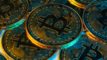 Physical image of gold bitcoin. Digital money trading concept.