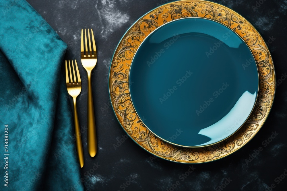 Poster  a close up of a plate with a fork and a knife on a table with a teal table cloth.