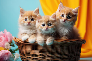 Fototapeta na wymiar Cute red kittens in a wicker basket