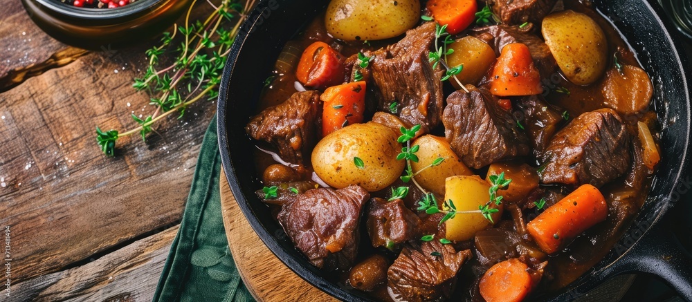 Poster Beef meat stewed with potatoes and carrots in cast iron pan close up view. Copy space image. Place for adding text or design