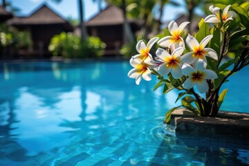  a vase filled with white and yellow flowers sitting on top of a blue swimming pool next to a lush green tree.