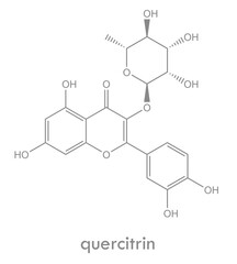 Quercitrin structure. Molecule of glycoside of quercetin (flavonoid) and rhamnose.