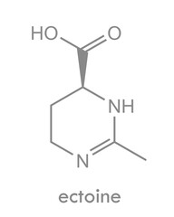 Ectoine structure. Organic compound used for irritation and inflammation of the skin and mucous membranes. Ingredient in nasal sprays, eye drops and skin care products. Skeletal formula.
